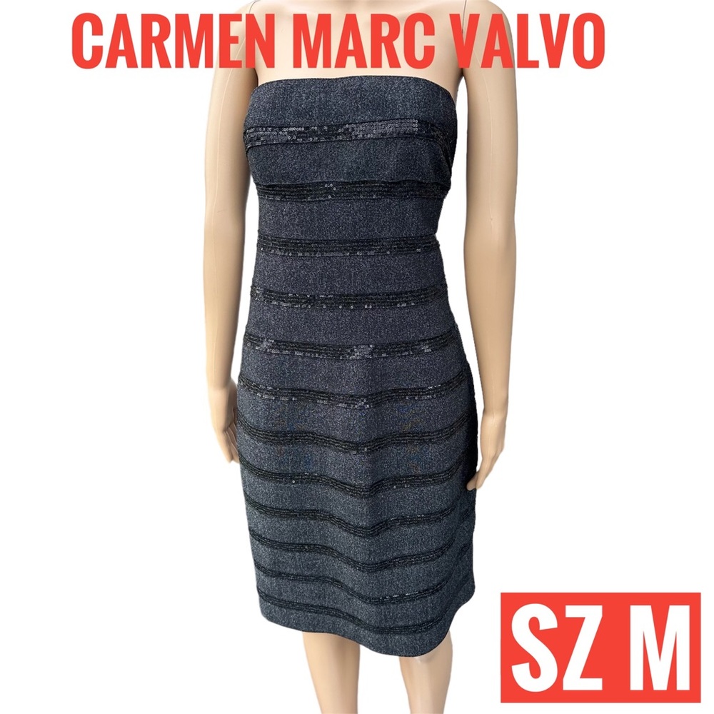 Carmen Marc Valvo Sequin Embellished Black Bandage Strapless Dress sz M